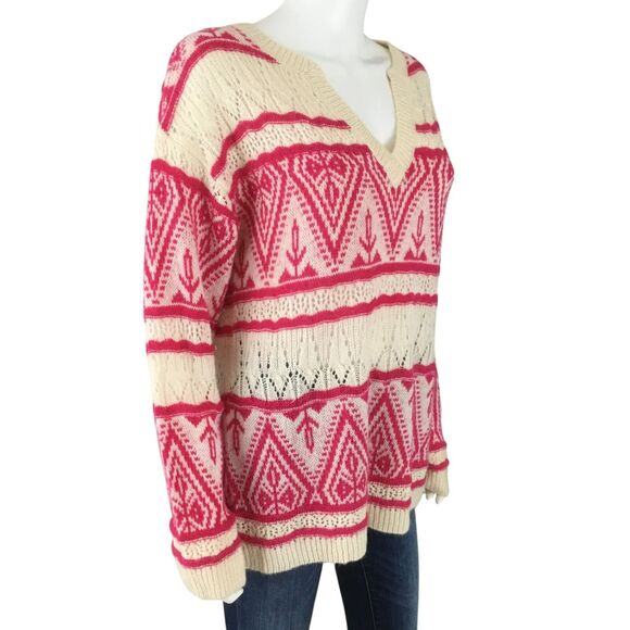 Sundance Brixen Fair Isle V-Neck Sweater Size M Wool Blend Pointelle Pink White - Picture 9 of 16